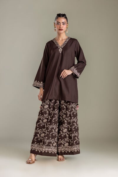 Embroidered | Heavy Blended Viscose | Brown Floral Pants | GBP 40.00