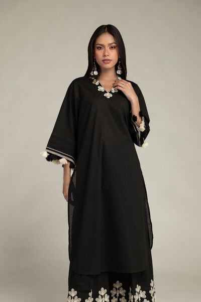 Embroidered | Cotton Dobby | Black Cotton Kurta | GBP 25.00