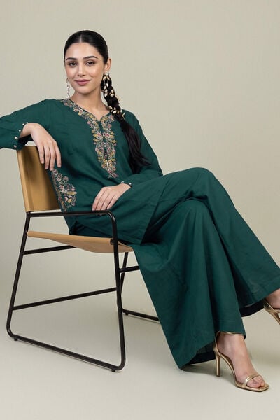 Embroidered | Raw Silk | Floral Green Kurta | GBP 40.00