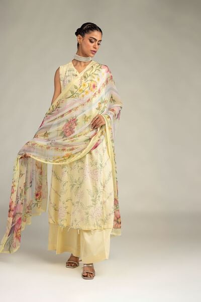 Embroidered | Raw Silk | Yellow Sleeveless Kurta | GBP 45.00