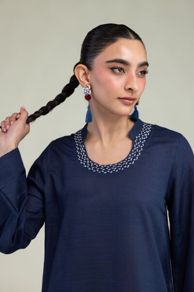 Dyed | Textured Cotton | Navy Round-Neck Kurta | GBP 30.00