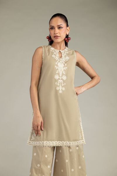 Embroidered | Cambric | Beige Sleeveless Kurta | GBP 40.00
