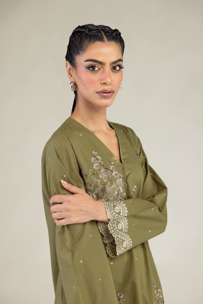 Embroidered | Cotton Dobby | Olive V-Neck Kurta | GBP 40.00