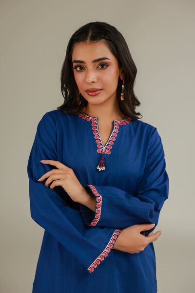 Embroidered | Cotton Dobby | Solid Blue Kurta | GBP 25.00