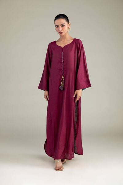Dyed | Textured Raw Silk | Maroon Longline Kurta | GBP 35.00