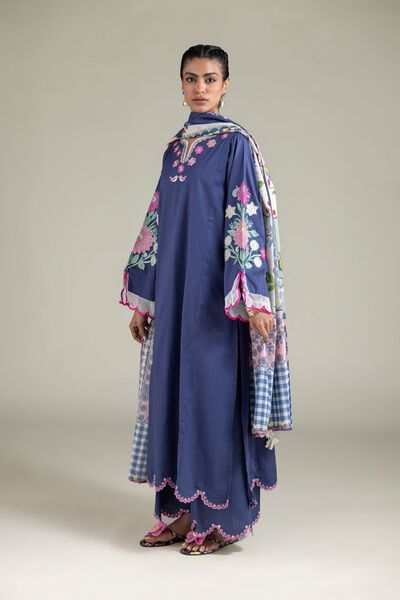 Embroidered | Textured Cotton | Relaxed Scallloped Pants | GBP 25.00