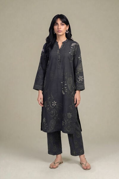 Printed | Light Khaddar | Black V-Neck Kurta | GBP 35.00