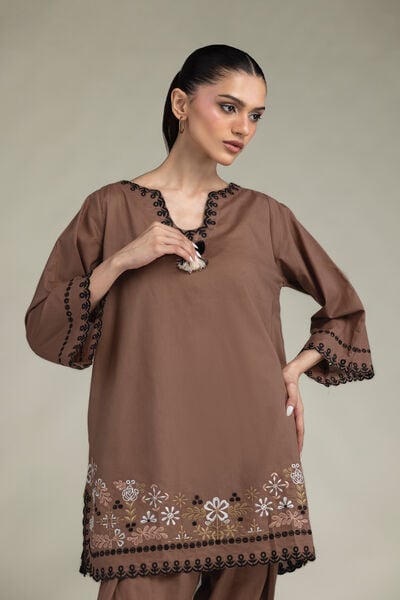 Embroidered | Cambric | Short Brown Kurta | GBP 40.00