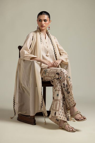 Embroidered |Cotton Dobby | Beige Cotton Kurta | GBP 25.00