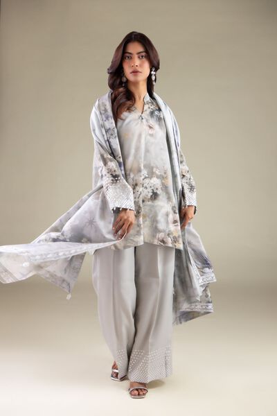 Embroidered | Polyester Silk | Gray Floral Dupatta | GBP 30.00