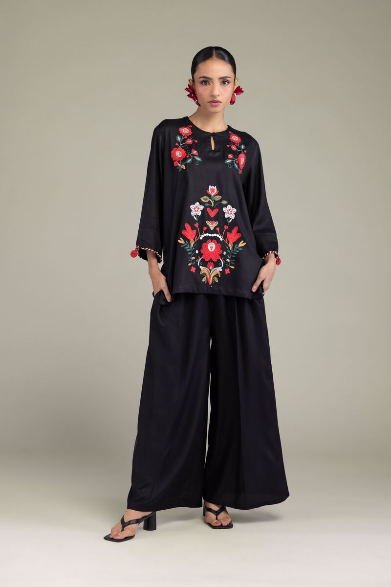 Embroidered | Viscose Crepe | Black Round-Neck Tunic | GBP 30.00