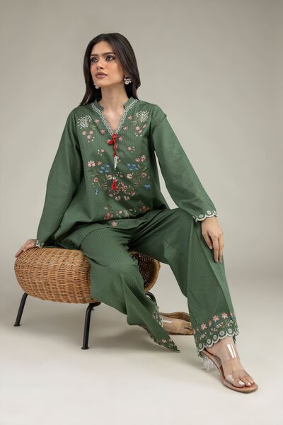 Embroidered | Cotton Dobby | Short Green Kurta | GBP 25.00