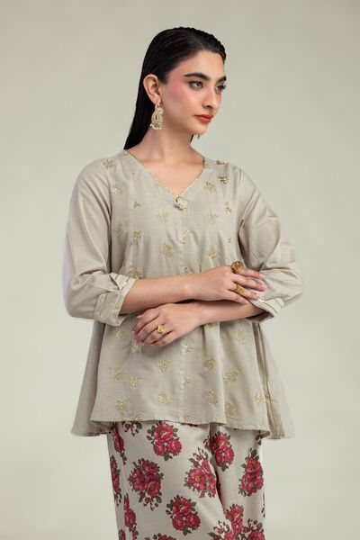 Embroidered | Raw Silk | Beige V-Neck Kurta | GBP 30.00