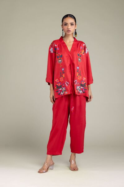 Embroidered | Viscose Crepe | Red Viscose Trousers | GBP 20.00