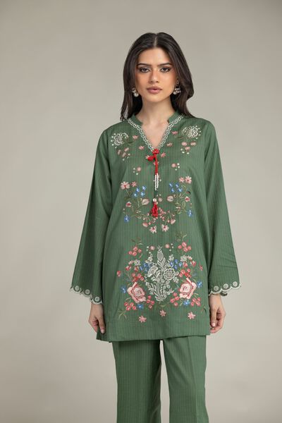 Embroidered | Cotton Dobby | Short Green Kurta | GBP 25.00
