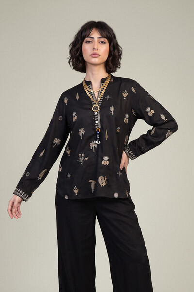 Embroidered | Viscose Crepe | Black V-Neck Shirt | GBP 40.00
