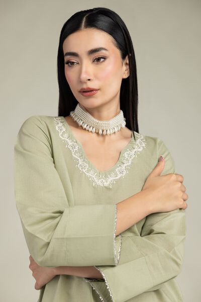 Embroidered | Mesuri | V-Neck Mint Kurta | GBP 30.00