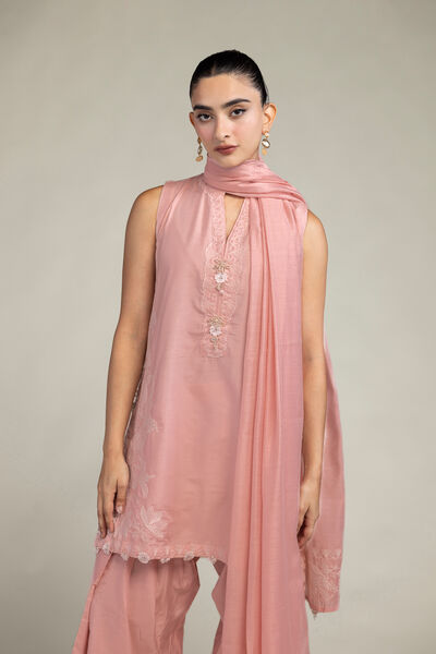 Raw Silk | Sleeveless Pink Kurta | GBP 55.00