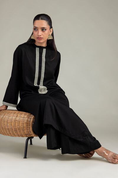 Dyed | Raw Silk | Black Longline Kurta | GBP 30.00