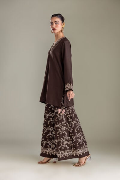 Embroidered | Heavy Blended Viscose | Brown Floral Pants | GBP 40.00