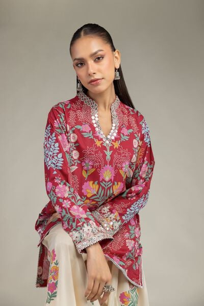Embroidered | Cotton Viscose | Floral Red Kurta | GBP 40.00