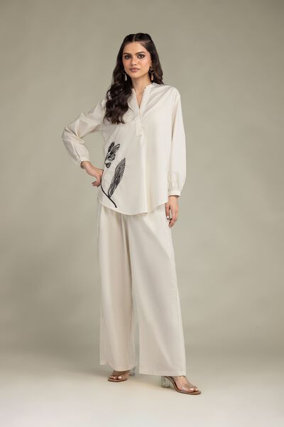 Embroidered | Poplin | Floral Band-Collar Shirt | GBP 25.00
