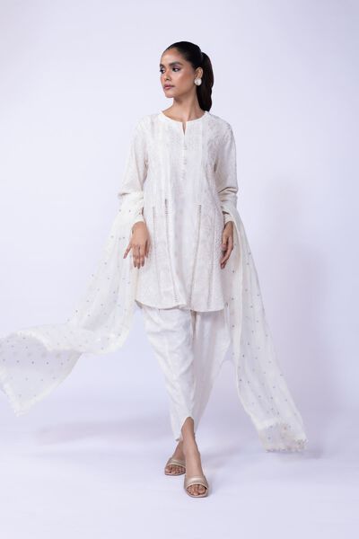 White Silk Short Kurta Shalwar Set - Ready to Ship