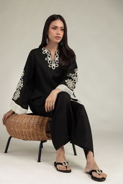 Embroidered | Cotton Dobby | Black V-Neck Kurta | GBP 25.00