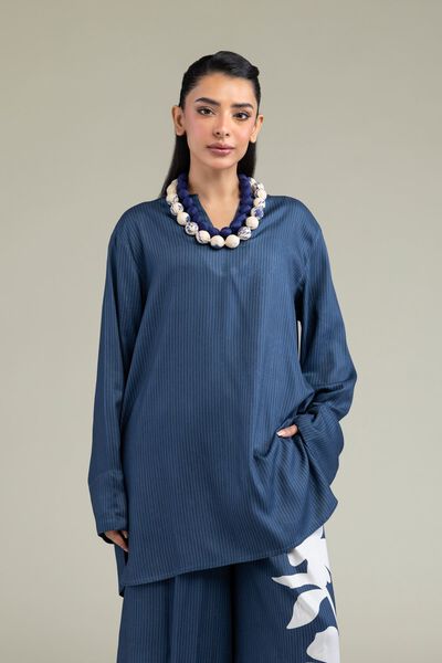 Printed | Viscose Crepe | V-Neck Navy Shirt | GBP 25.00