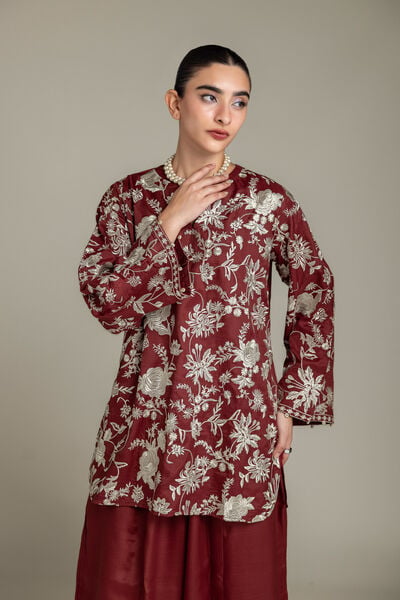 Embroidered | Raw Silk | Short Maroon Kurta | GBP 60.00