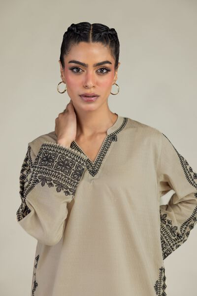 Embroidered | Cotton Dobby | Beige V-Neck Kurta | GBP 40.00