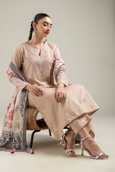 Embroidered |Cotton Dobby | Beige Embroidered Kurta | GBP 30.00
