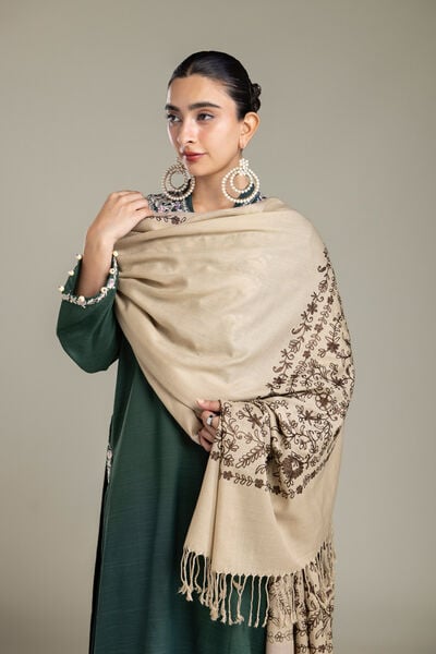 Embroidered | Raw Silk | Beige Embroidered Shawl | GBP 35.00