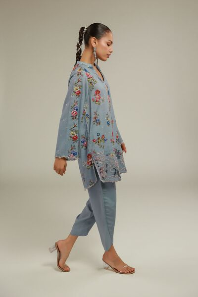 Embroidered | Raw Silk | Blue Silk Pants | GBP 25.00