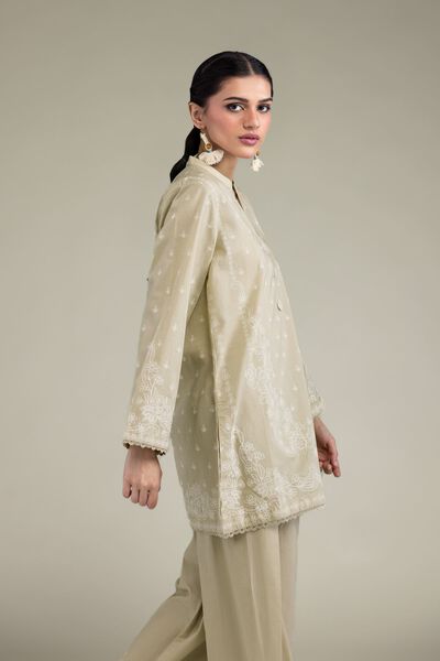 Printed | Cambric | Beige Band-Collar Kurta | GBP 15.00