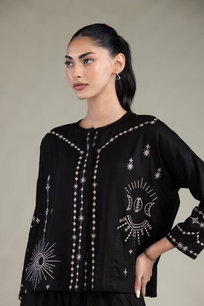 Embroidered | Viscose Crepe | Black Round-Neck Shirt | GBP 30.00
