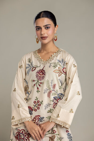 Embroidered | Raw Silk | Short V-Neck Kurta | GBP 60.00