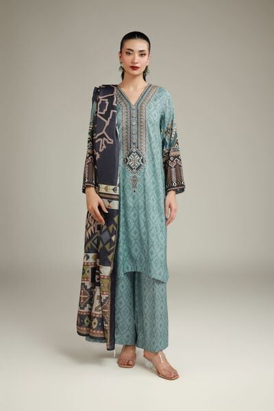 Embroidered | Raw Silk | Relaxed Teal Pants | GBP 25.00
