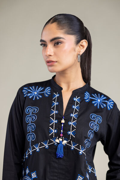 Embroidered | Cambric | Black V-neck Tunic | GBP 10.50