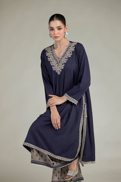 Embroidered | Raw Silk | Navy V-Neck Kurta | GBP 45.00
