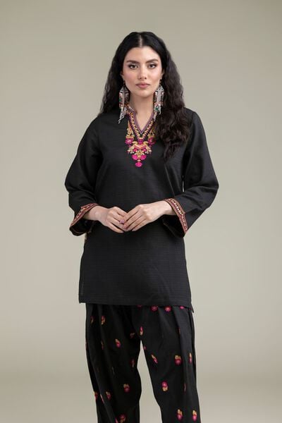 Embroidered | Cotton Dobby | Black V-Neck Kurta | GBP 25.00