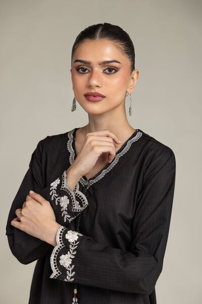 Embroidered | Cotton Dobby | Black V-Neck Kurta | GBP 25.00