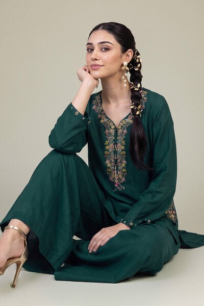 Embroidered | Raw Silk | Floral Green Kurta | GBP 40.00