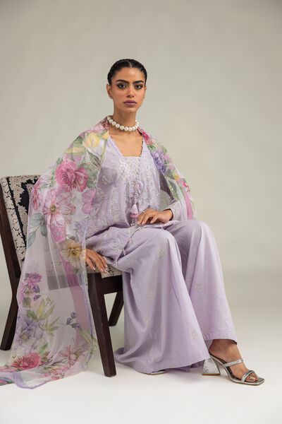 Embroidered | Raw Silk | Floral Lavender Kurta | GBP 55.00
