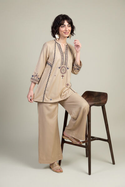 Embroidered | Viscose Crepe | Beige V-Neck Tunic | GBP 40.00