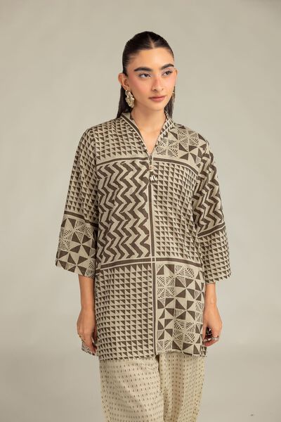 Printed | Cambric | Beige V-Neck Kurta | GBP 9.00