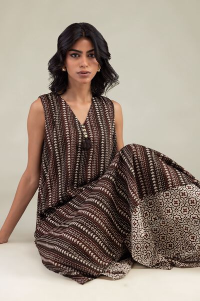 Printed | Cambric | Brown Sleeveless Kurta | GBP 21.00