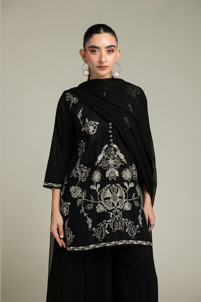 Embroidered | Raw Silk | Black Floral Kurta | GBP 45.00