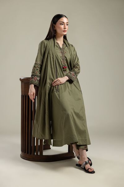 Embroidered |Cotton Dobby | Olive Floral Kurta | GBP 30.00