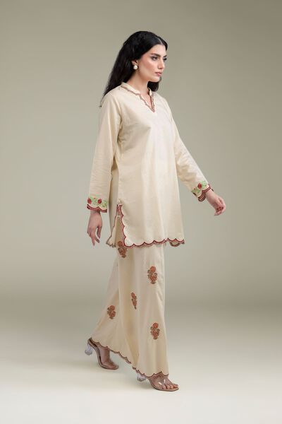 Embroidered | Cotton Dobby | Beige Cotton Pants | GBP 35.00